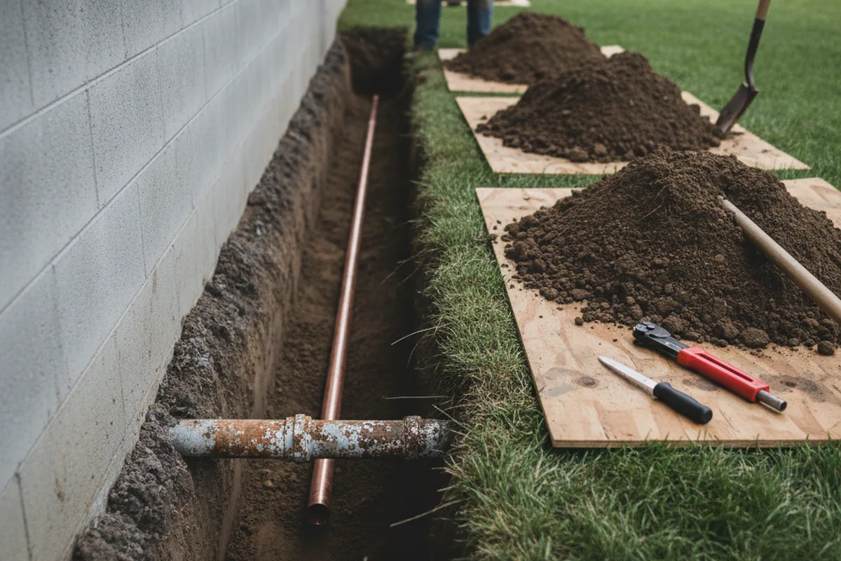 Excavated water line trench during Sewer Line Repair in Toms Brook
